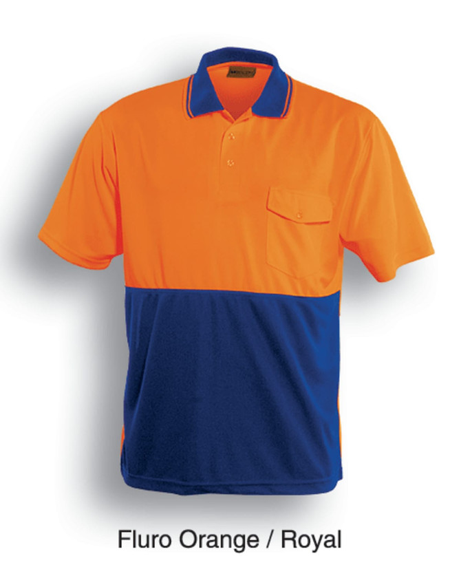 A short sleeve, unisex polo shirt in fluro orange and royal blue with a pocket and a logo.