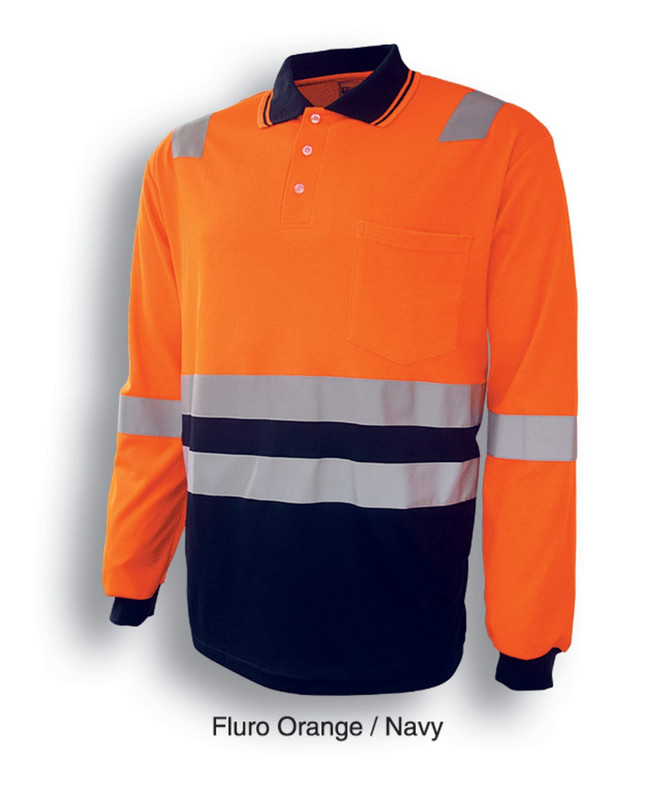 Hi-Vis polo shirt in fluro orange with navy accents and reflective tape for enhanced visibility. Features a pocket and a logo.