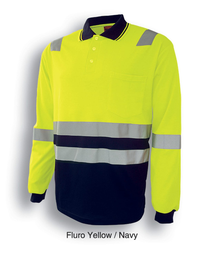 A fluorescent yellow and navy long-sleeve polo shirt with reflective tape and a pocket. It features a logo.
