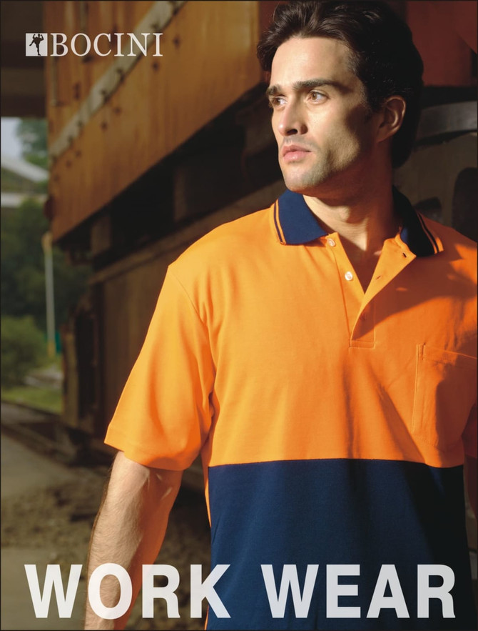 A bright orange and navy blue polo shirt with short sleeves, featuring a logo.