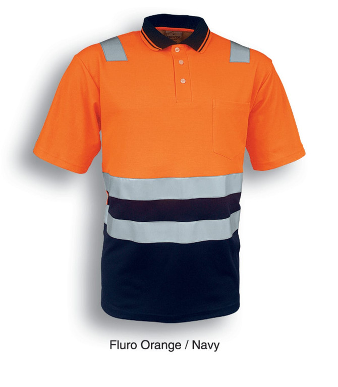 A fluro orange and navy unisex polo shirt with reflective tape and a pocket, featuring a branded logo.