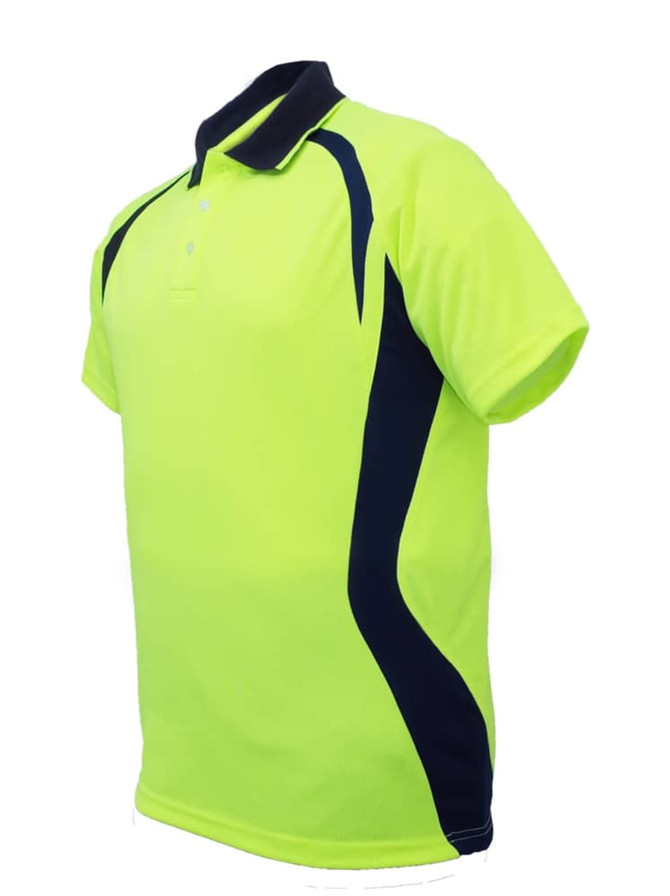 A hi-vis panel polo shirt in bright yellow with navy accents, featuring a collar and short sleeves. It has a logo.
