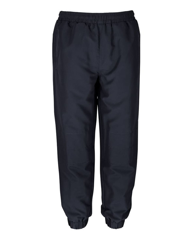 Track pants in solid black with an elastic waistband and cuffs, featuring a logo on one side.
