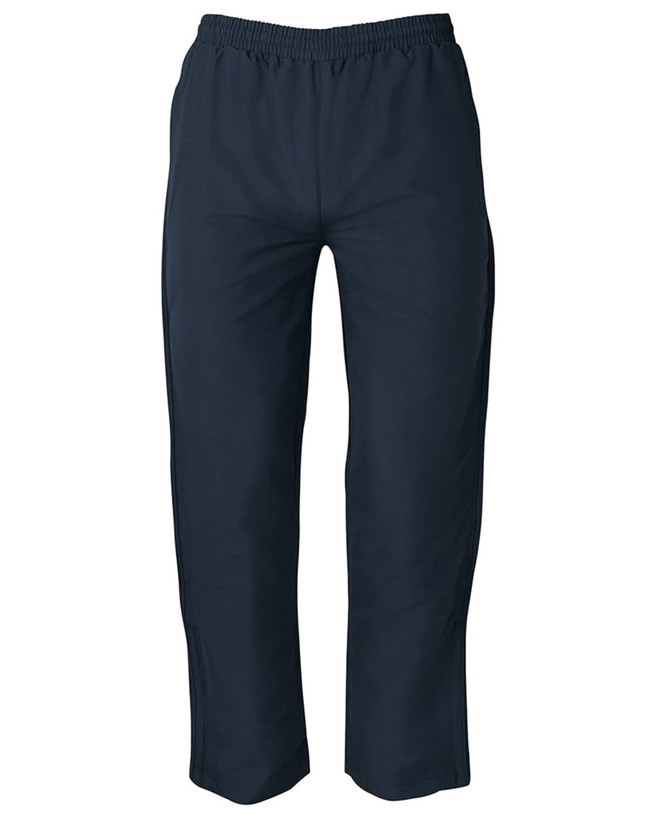 Navy track pants with an elastic waistband and side pockets, featuring a logo on the front.