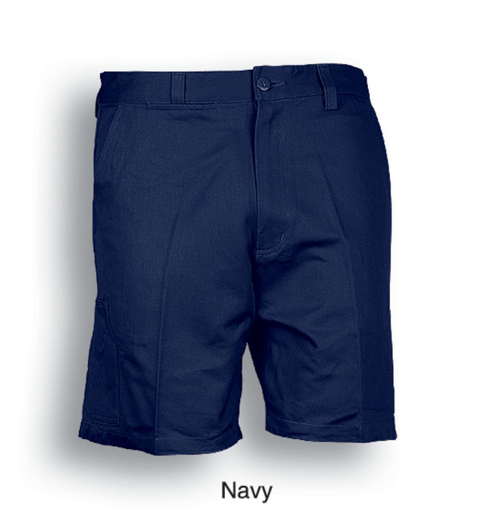 Navy unisex cotton drill work shorts with a button closure and side pockets, featuring a logo.