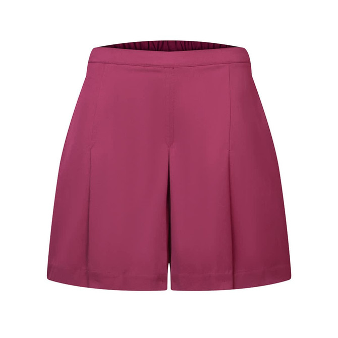 A pair of maroon culottes with a pleated front and an elastic waistband, featuring a brand logo.