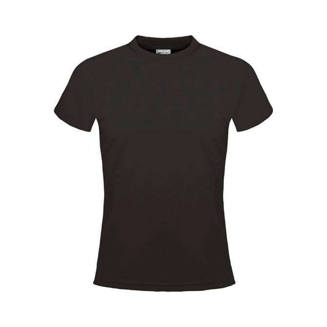 A plain black micromesh tee for ladies with a fitted design and short sleeves. It features a logo.