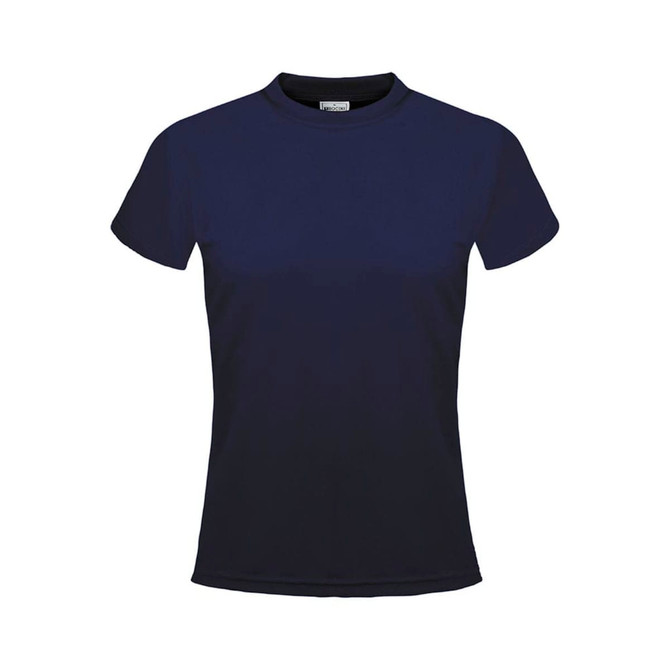 A navy blue plain micromesh T-shirt with short sleeves and a round neckline. It features a logo.