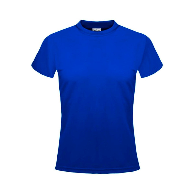 A bright blue ladies' plain micromesh tee with short sleeves and a subtle logo.