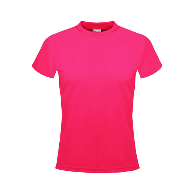 A bright pink micromesh tee with a classic crew neckline and short sleeves, featuring a logo.