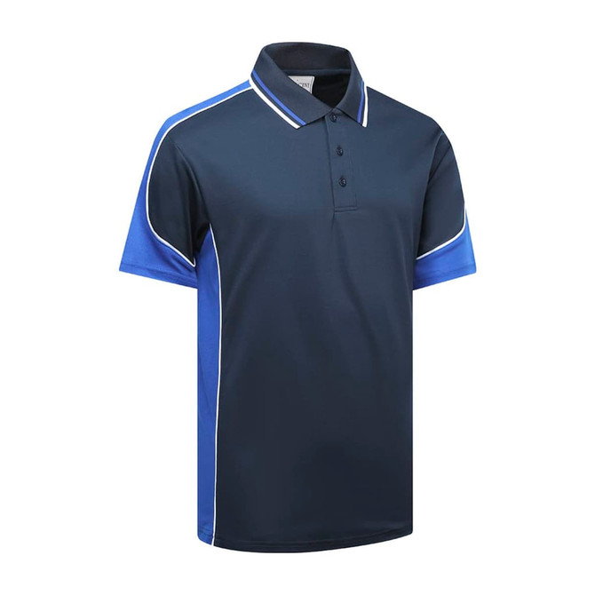 A navy blue polo shirt with blue sleeves and white trim, featuring a collar and three buttons, and a logo.