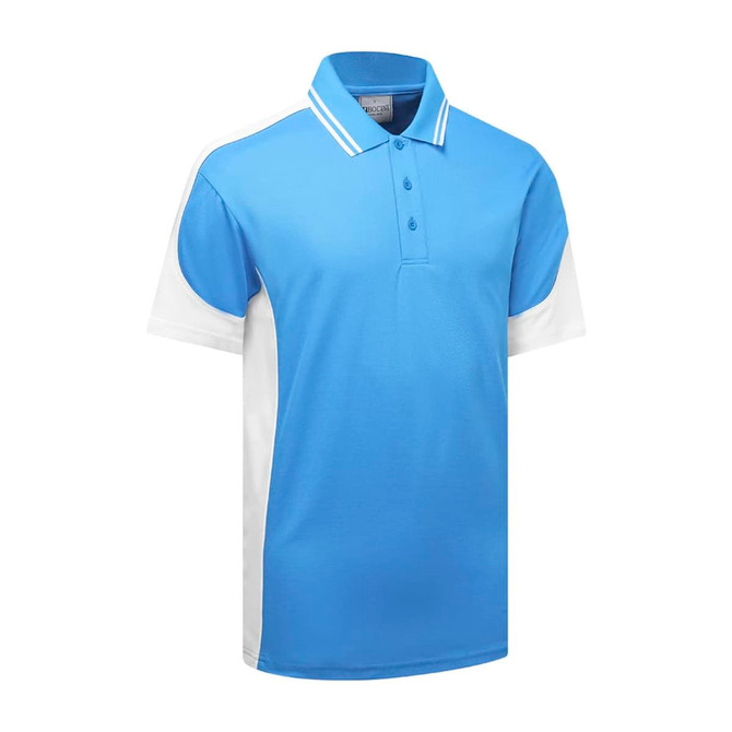 A blue and white Vertex Polo shirt featuring a classic collar and a logo on it.