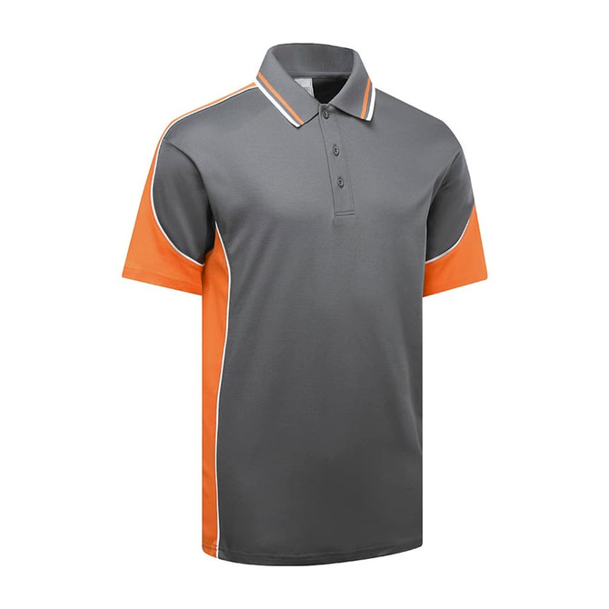 A grey polo shirt with orange accents and a logo on the chest. Features a classic collar and short sleeves.