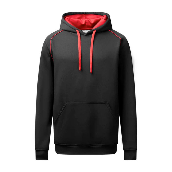 A black hoodie with a contrasting red inner lining and drawstrings, featuring a front pocket and branding.