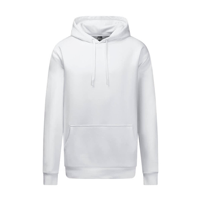 A white heavy weight hoodie featuring a front pocket and a hood, with a logo on the chest.