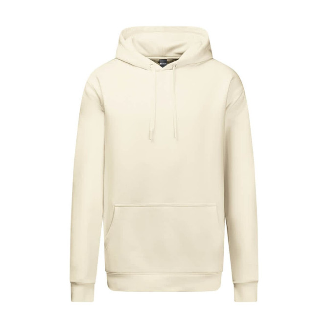 A cream-coloured heavy weight hoodie with a front pocket and a drawstring hood, featuring a logo.