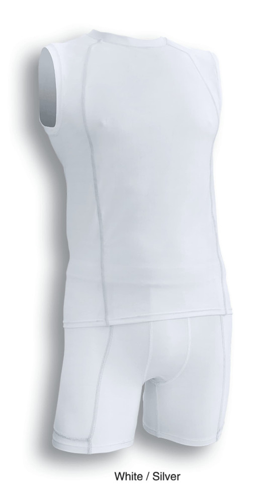 A white and silver sleeveless performance tank top with matching shorts, featuring a logo on the fabric.