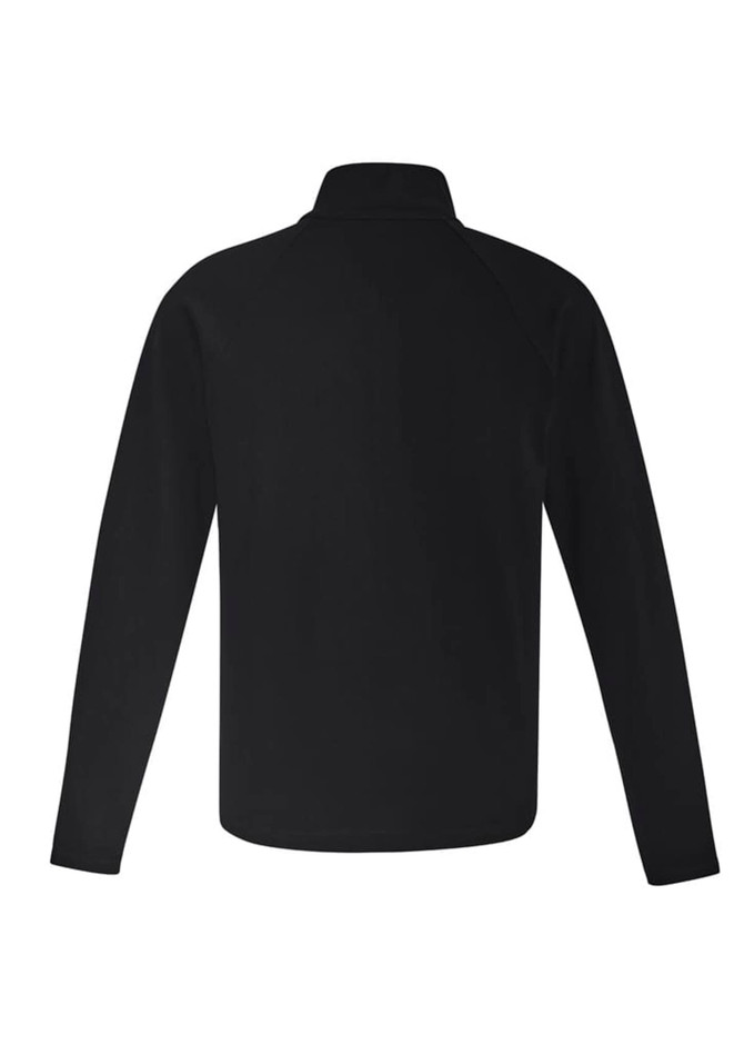 A unisex Merino wool mid-layer pullover in black with a collar and long sleeves, featuring a logo.