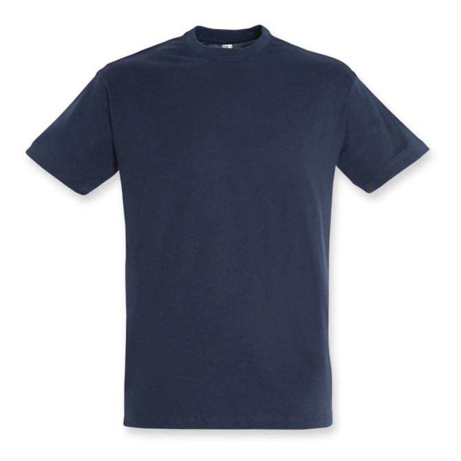 A navy blue adult T-shirt with a round neckline and short sleeves, featuring a logo.