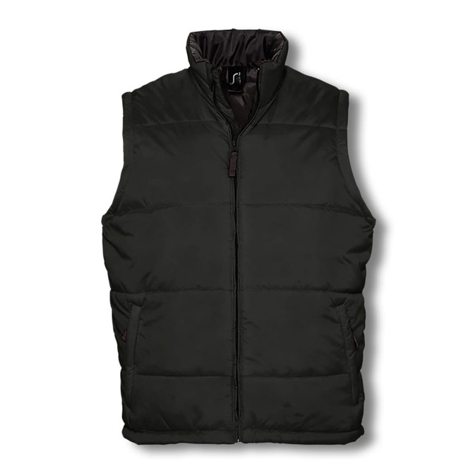 A dark green unisex vest with a zip front and side pockets, featuring a logo on the chest.