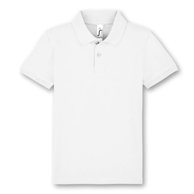 A white polo shirt with a classic collar, featuring buttons and a small logo.