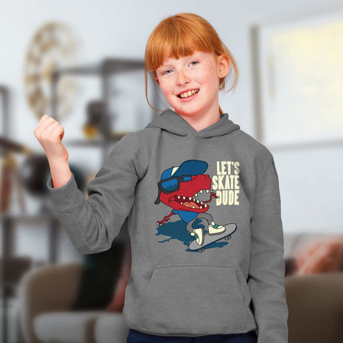 A grey hooded sweatshirt featuring a cartoon dinosaur in sunglasses skating, with a colourful graphic design.