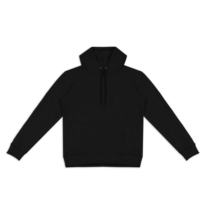 A black unisex hoodie featuring a front pocket and a drawstring hood. It has a logo on it.