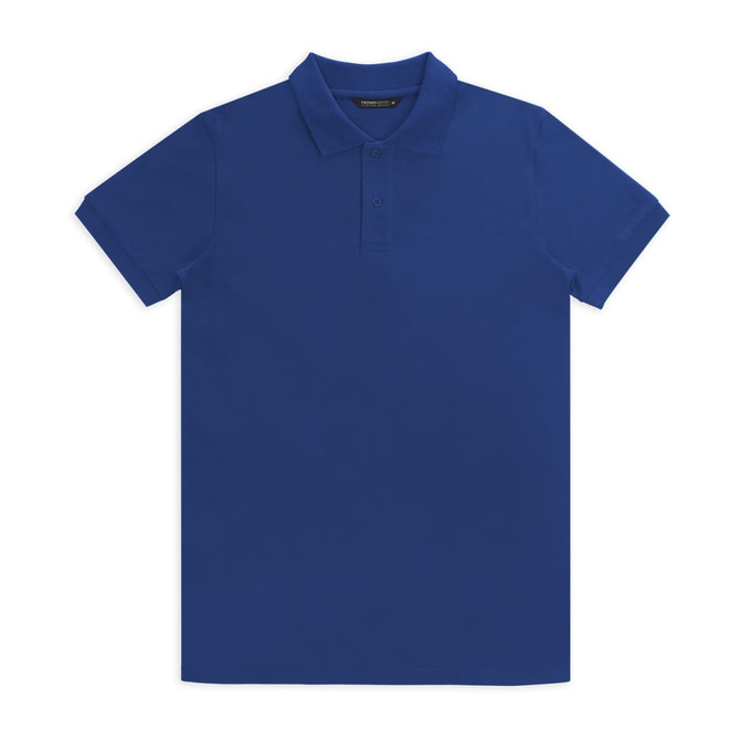 A royal blue polo shirt featuring a classic collar and short sleeves, with a logo on the breast.