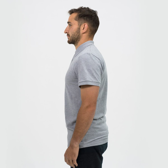 A grey polo shirt for men, featuring a collar and a side view display. The shirt has a logo on it.