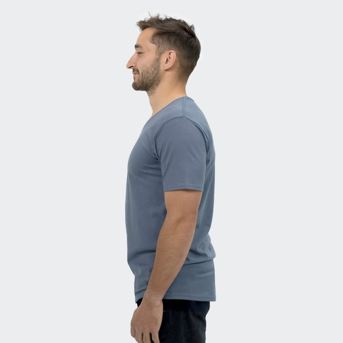 A men's T-shirt in slate blue, featuring a fitted design and short sleeves. The shirt has a logo on it.