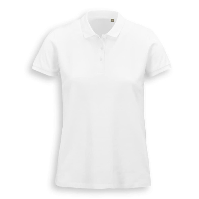 A white women's polo shirt featuring a collared neckline and short sleeves, with a subtle logo on the chest.