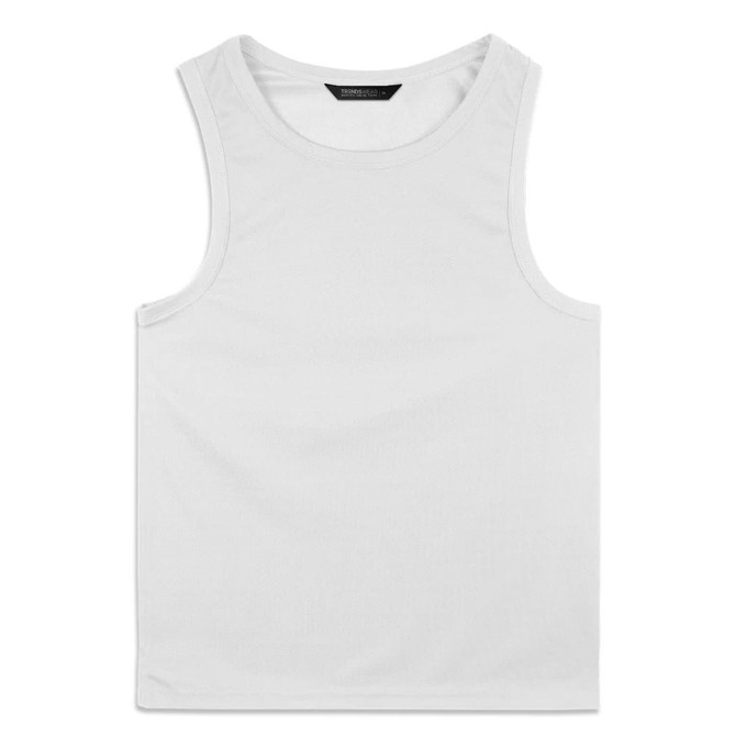 A white men's sports tank top with a simple design and a logo on the label.