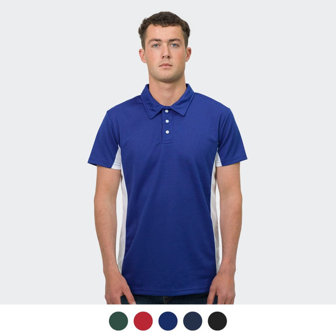 A blue men's polo shirt with white side panels. The shirt features a collar and three-button placket, with a logo.
