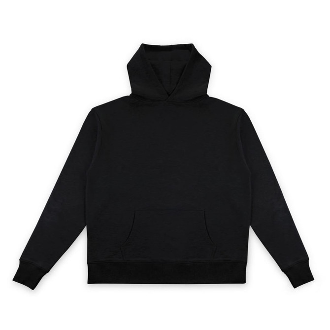 A black hoodie with a front pocket and a large hood. The product features a logo on the chest area.