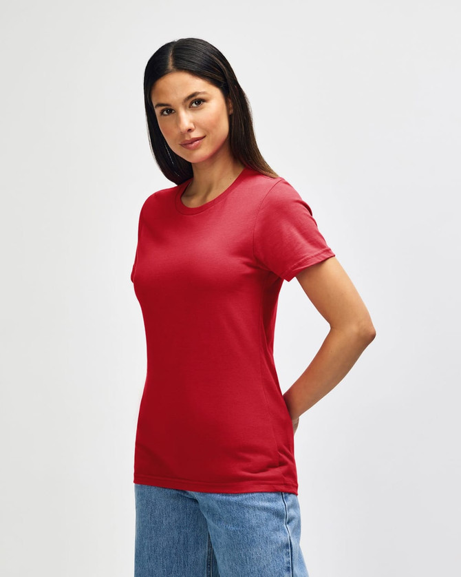 A red midweight T-shirt for ladies, featuring short sleeves and a classic fit, with a logo present.