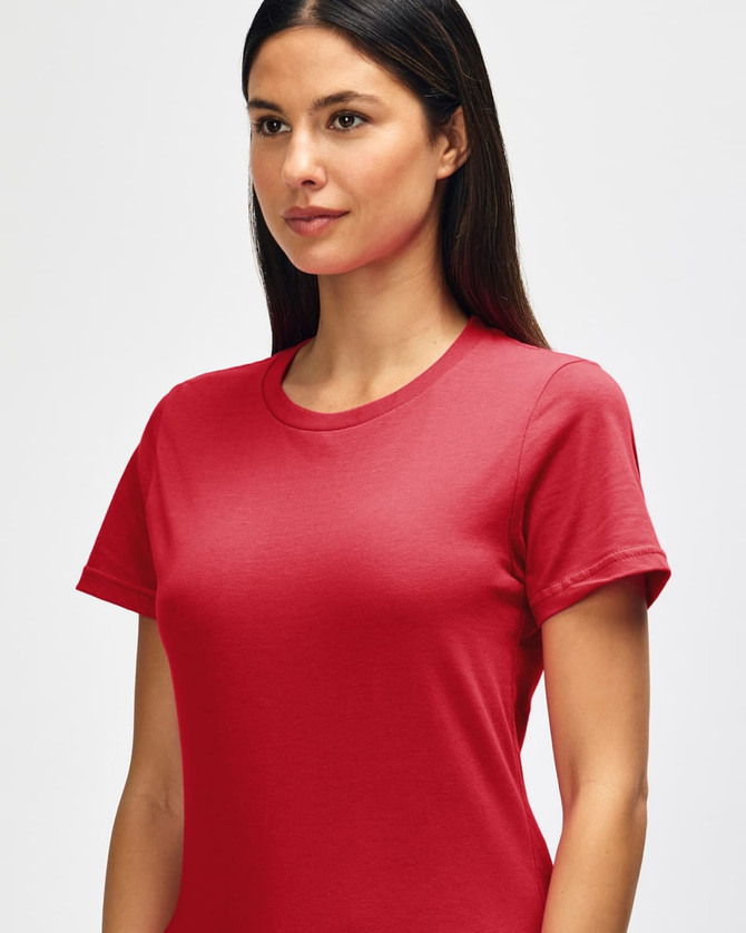 A red midweight T-shirt for ladies, featuring a classic crew neck and a simple logo.