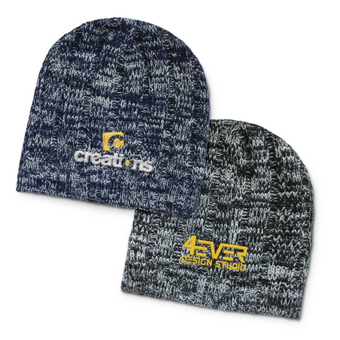 Two knitted beanies in dark blue and grey, each featuring a logo or branding on the front.