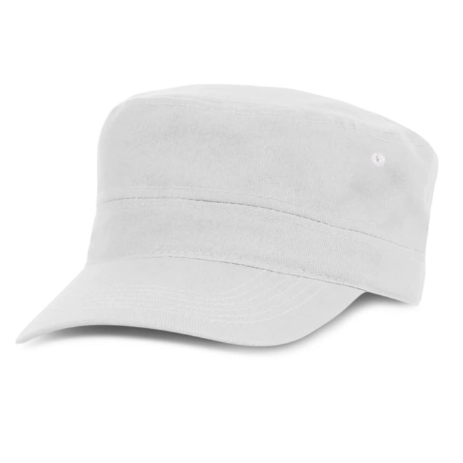 A military-style cap in a solid white color with a structured design and a curved brim.