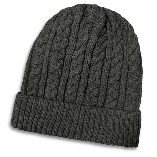 A dark grey knitted beanie featuring a cable knit design and a ribbed cuff. It includes a logo.