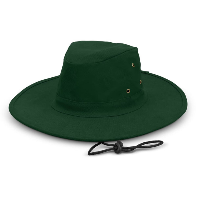 A wide-brim green hat with a chin strap and ventilation eyelets, featuring a logo on the side.