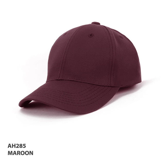 A maroon school sports cap with a curved brim and a logo on the front.
