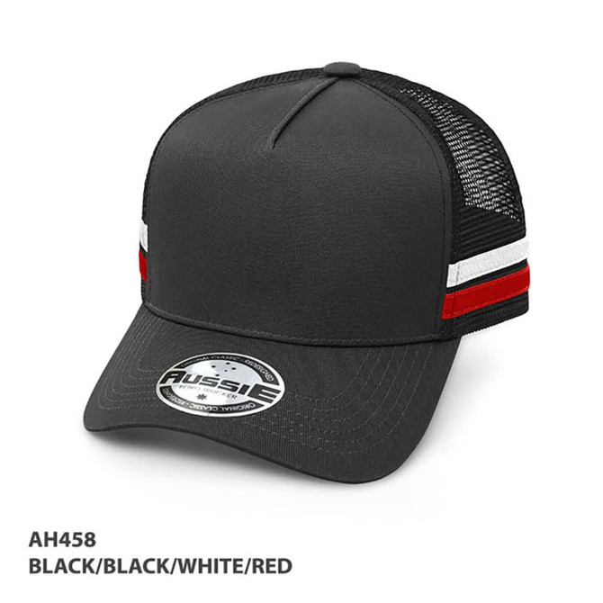 A black A-Frame striped trucker cap with white and red stripes, featuring a branded logo and mesh back.
