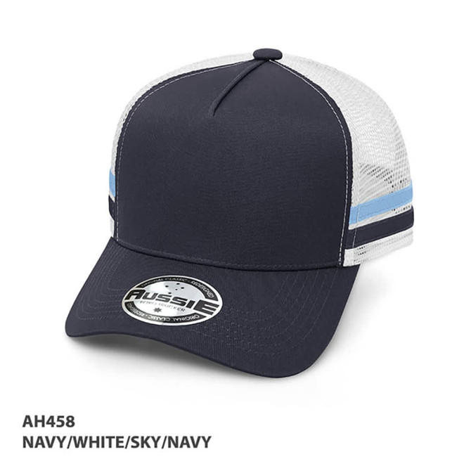 A navy and white striped trucker cap with a mesh back and a logo on the front.