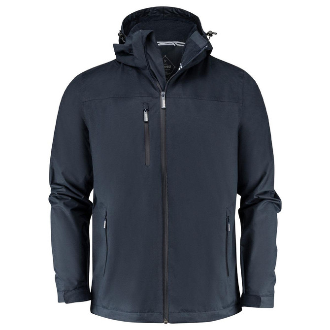 A dark blue rain jacket with a hood, featuring zippered pockets and a logo on the chest.