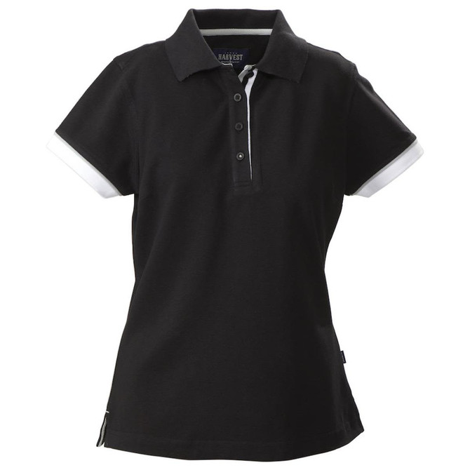 A black women's cotton polo shirt with white collar and sleeve accents, featuring a logo on the chest.