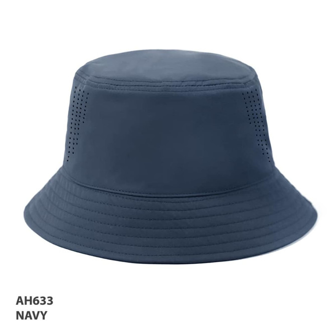 A navy bucket hat with a perforated design and a branded logo on the side.