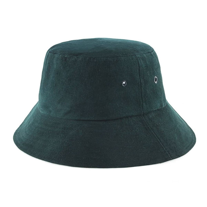 A green bucket hat with a wide brim and eyelets, made from soft fabric. It features a simple design without text.