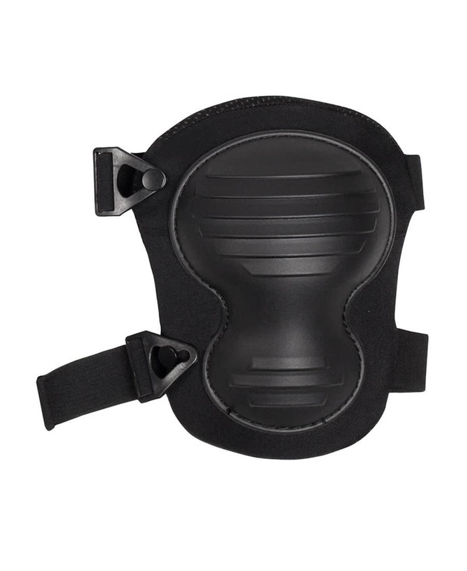 A black knee pad with adjustable straps and a textured protective surface. It features a logo on the design.