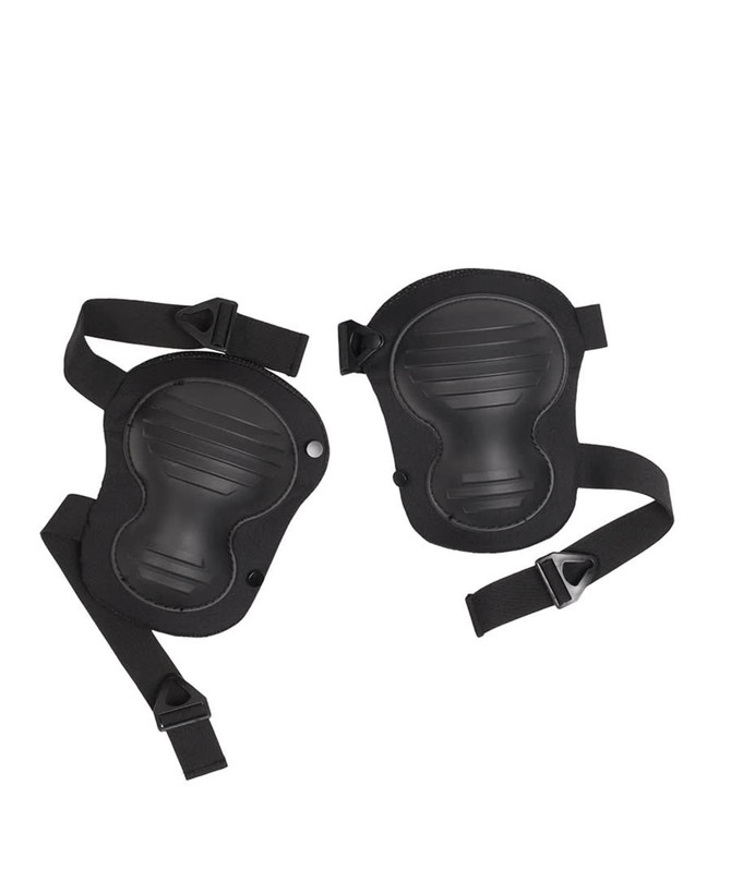 Black knee pads with adjustable straps, featuring a contoured design and a protective surface. Includes a logo.
