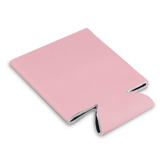 A pink stubby cooler with a cut-out design on the top. It has a soft inner lining and features a logo.